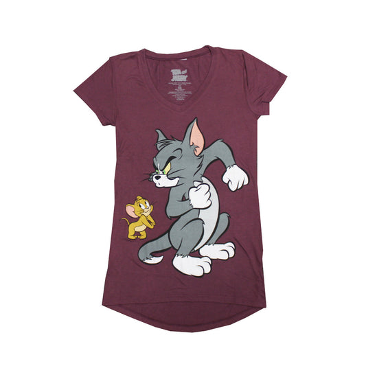 Camiseta granate con cuello en V y gráfico de Tom &amp; Jerry para mujer