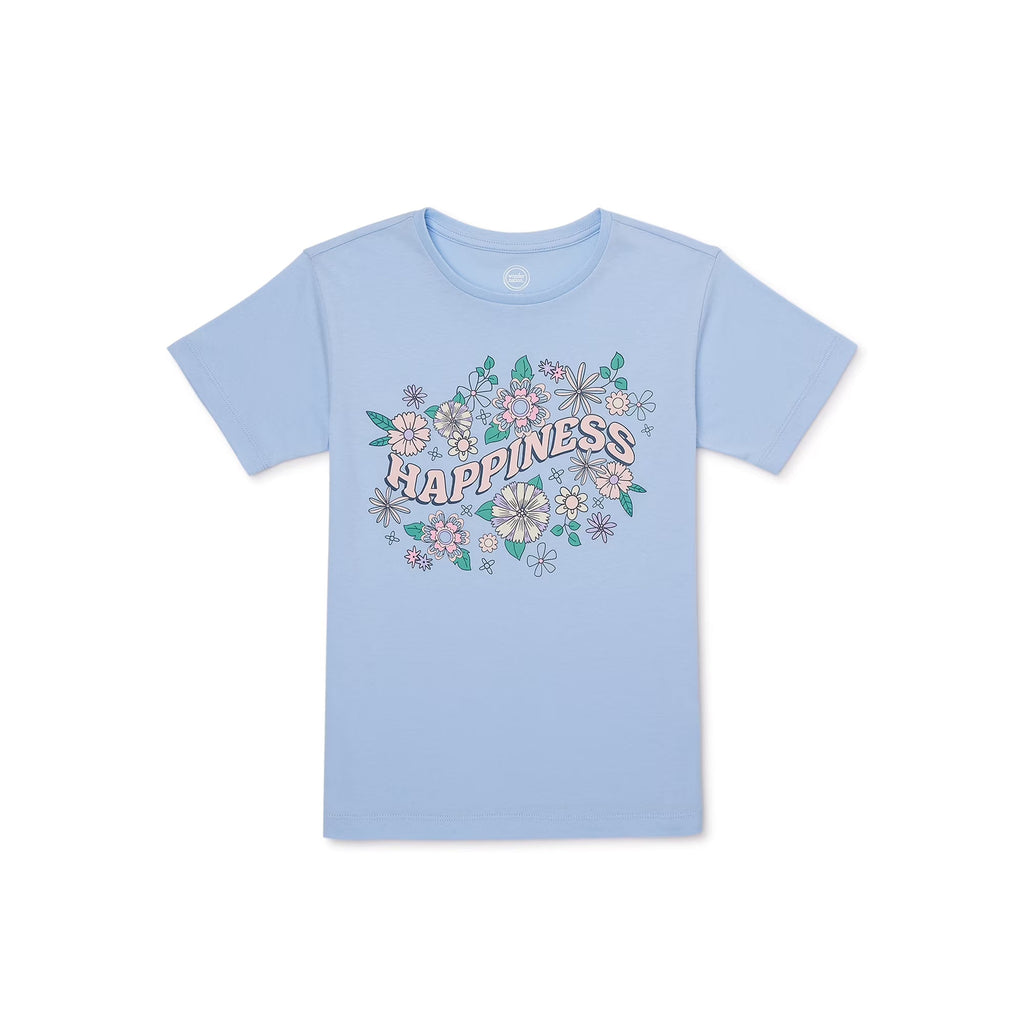 Wonder Nation Girls Happiness Flowers Graphic Tee with Short Sleeves T-Shirt