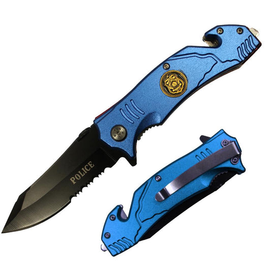 YC 47051-PO 4.5" Blue Police Assist-Open Metal Handle Rescue Knife - Bladevip