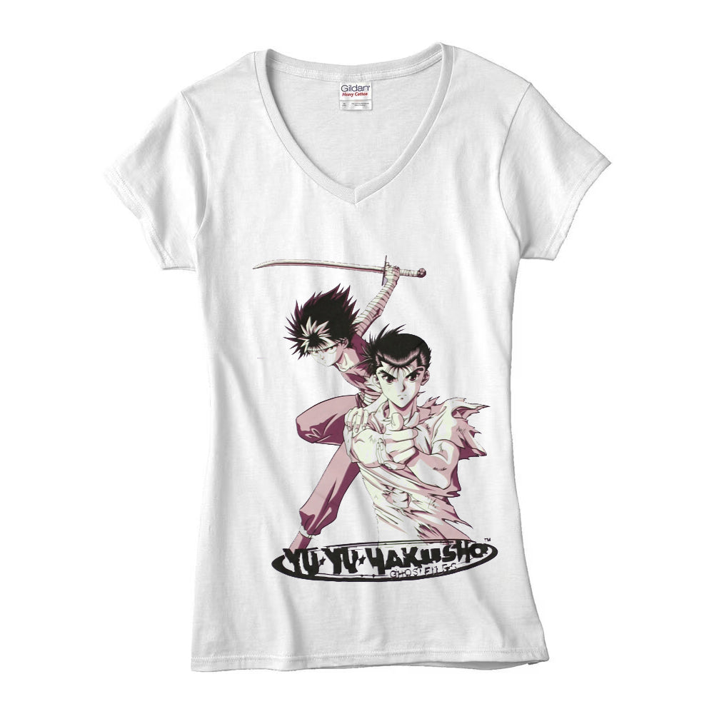 Women Junior's White Yu Yu Hakusho Ghost Files V-Neck Graphic Tee T-Shirt