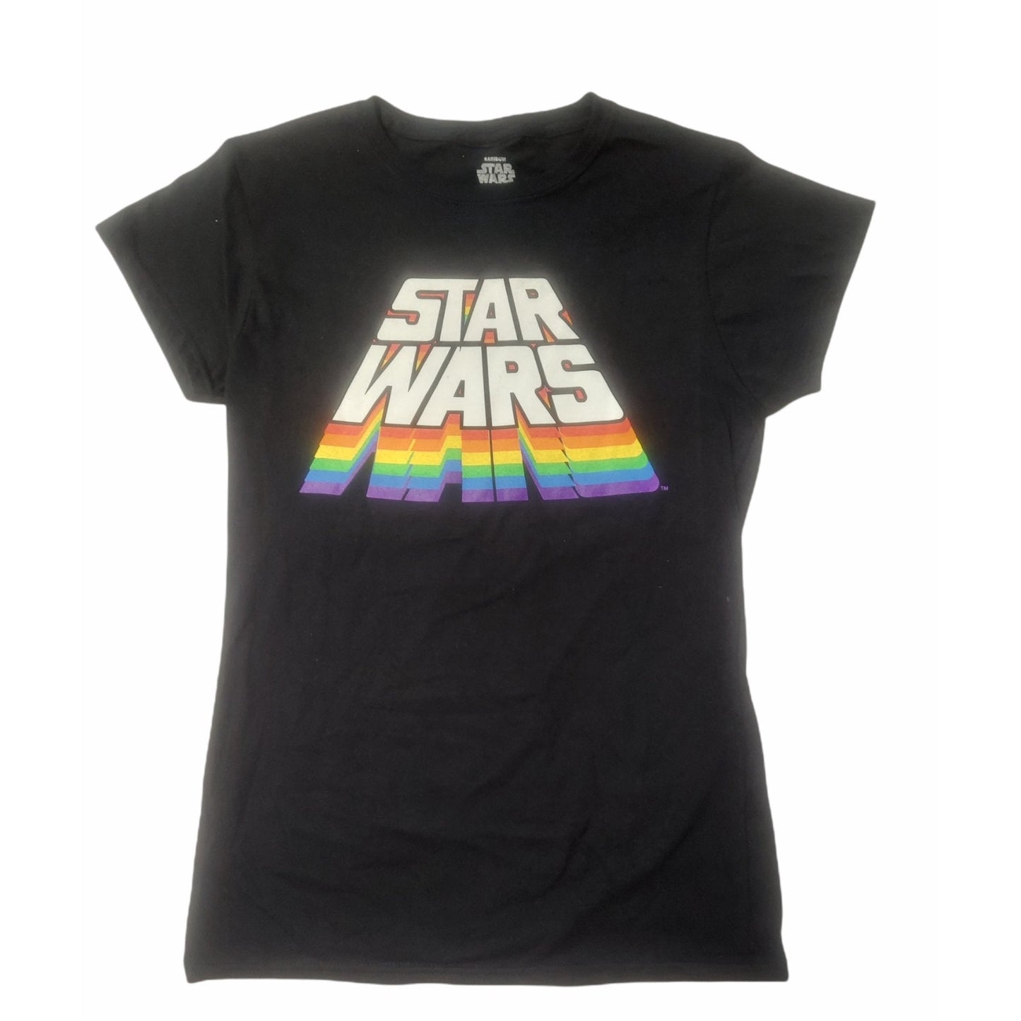 Women Junior's Black Star Wars Juniors' Rainbow Pride Stack Logo Short Sleeve T-Shirt Tee