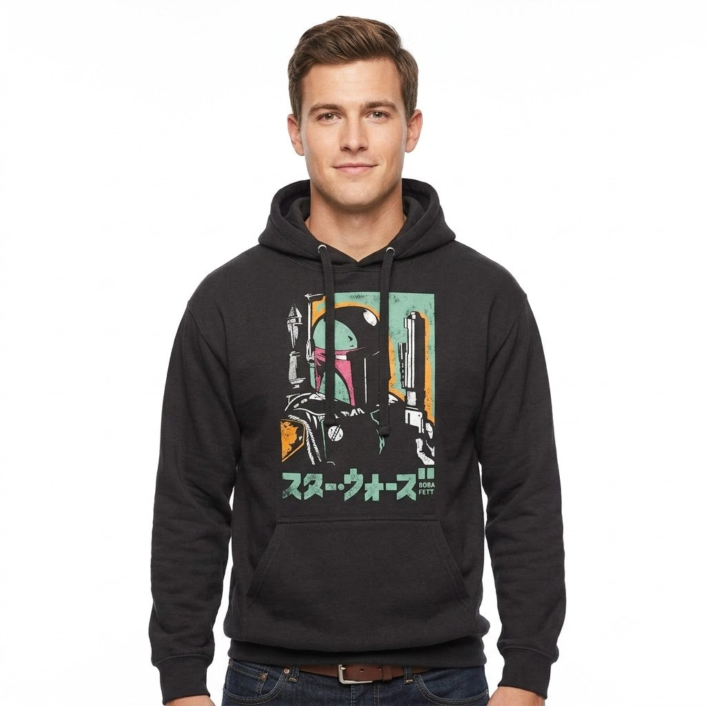 Men's Black Star Wars Boba Fett Kanji Graphic Pullover Hoodie