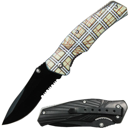 4.25 inch Orange Plaid Handle Thumb Stud Folding Knife with Belt Clip