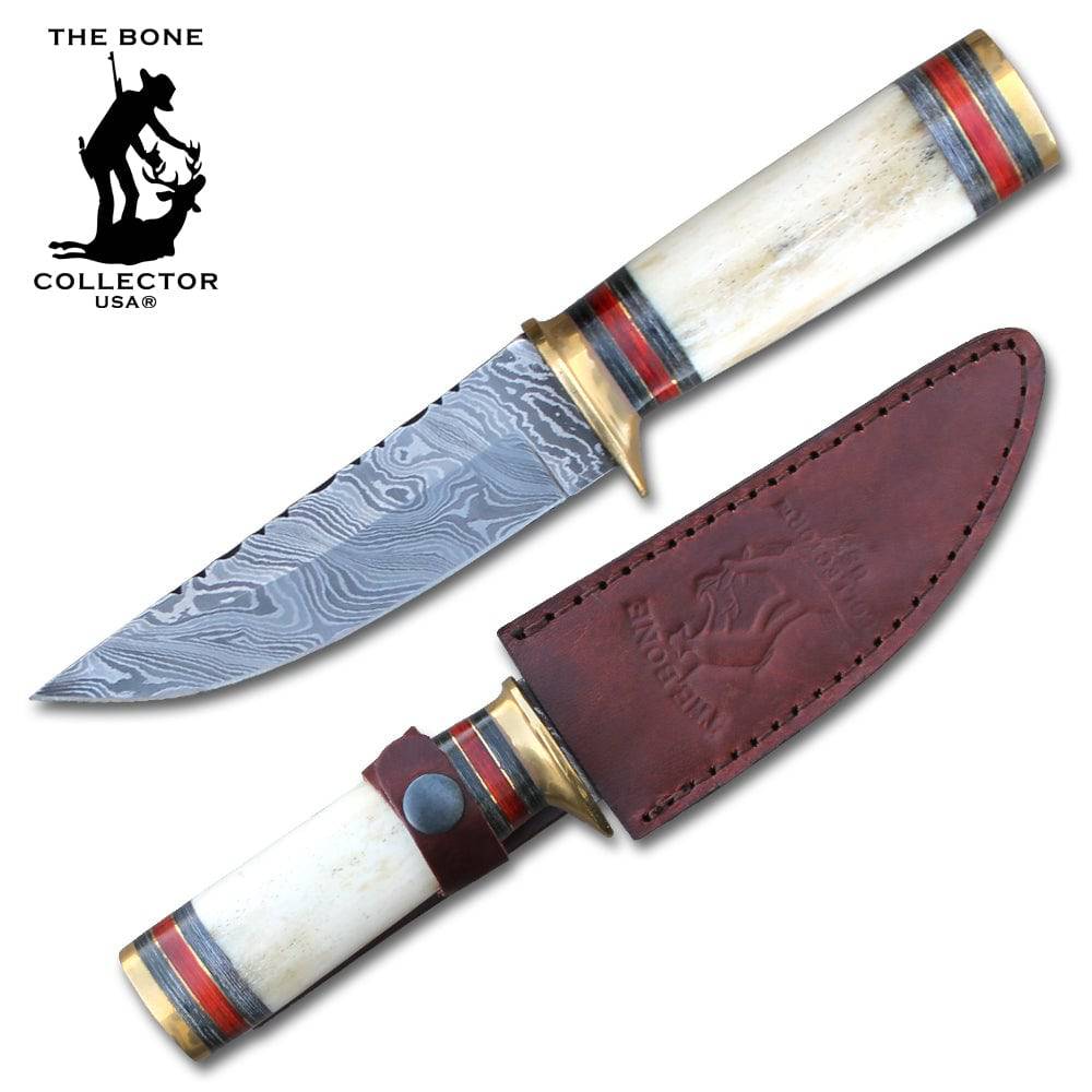 BC 825-DB Cuchillo de caza para coleccionista de huesos de vaca y ganado con hoja de Damasco de 9,5" y funda de cuero 