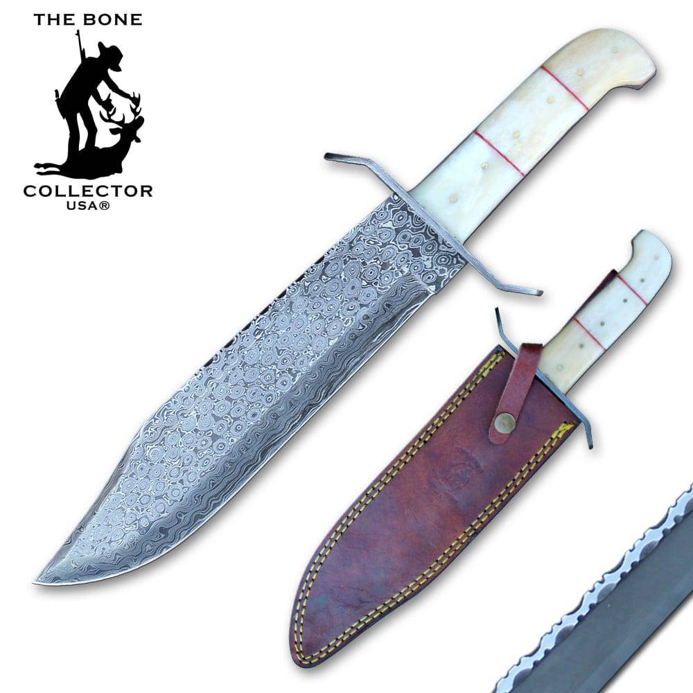 BC 858-BNDB Cuchillo Bowie de Damasco para coleccionista de huesos de 15" Mango de hueso de vaca de ganado blanco con funda de cuero