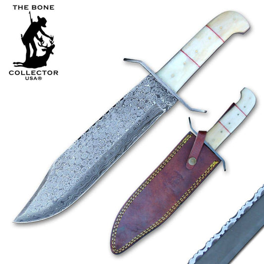 BC 858-BNDB Cuchillo Bowie de Damasco para coleccionista de huesos de 15" Mango de hueso de vaca de ganado blanco con funda de cuero