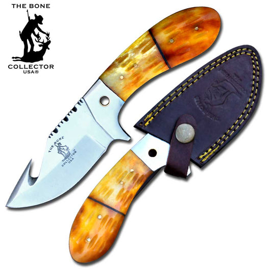BC 864-YBN 8" Bone Collector Bone Handle Skinning Knife with Gut Hook
