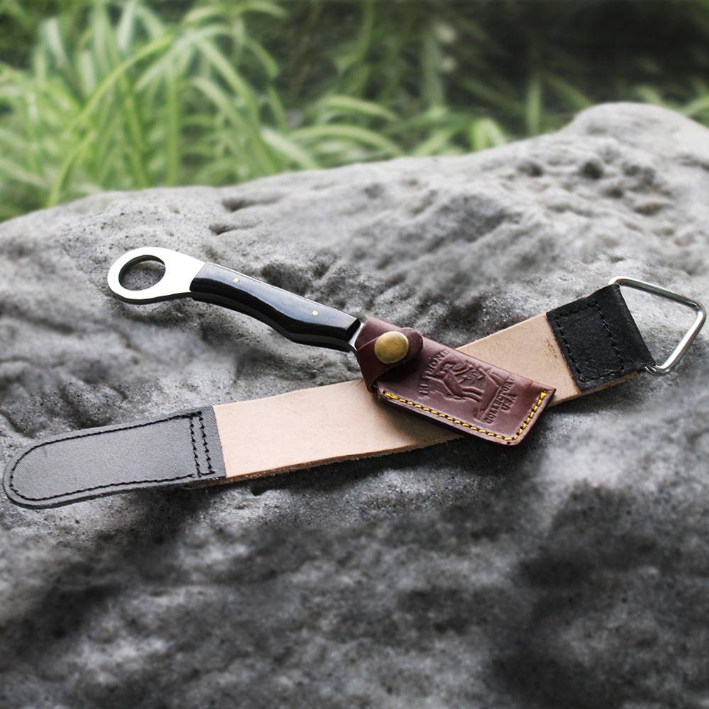 BC 866-BKBN 8" Black Bone Handle Razor Knife with Leather Sheath & Sharpening Strop Belt