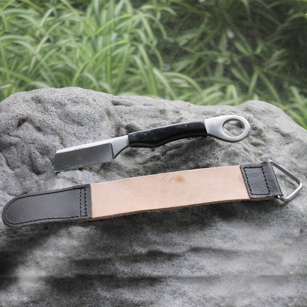 BC 866-BKBN 8" Black Bone Handle Razor Knife with Leather Sheath & Sharpening Strop Belt