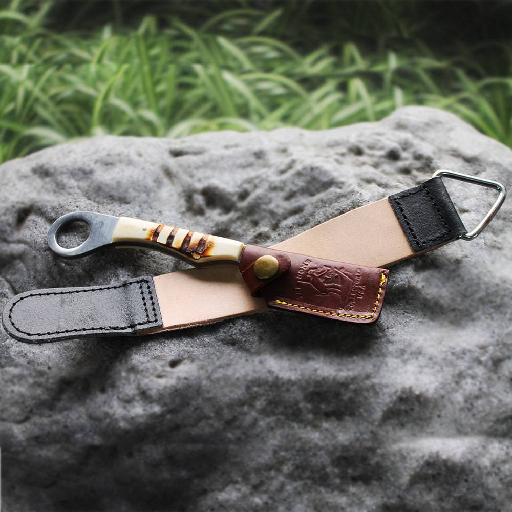 8 inch Bone Handle Razor Tool with Leather Sheath & Sharpening Strop Belt - view 2