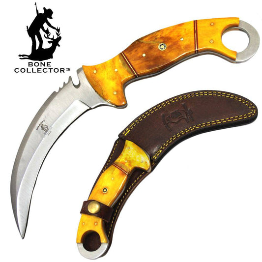 Cuchillo Karambit con mango de hueso de vaca de ganado amarillo de 10" con funda de cuero