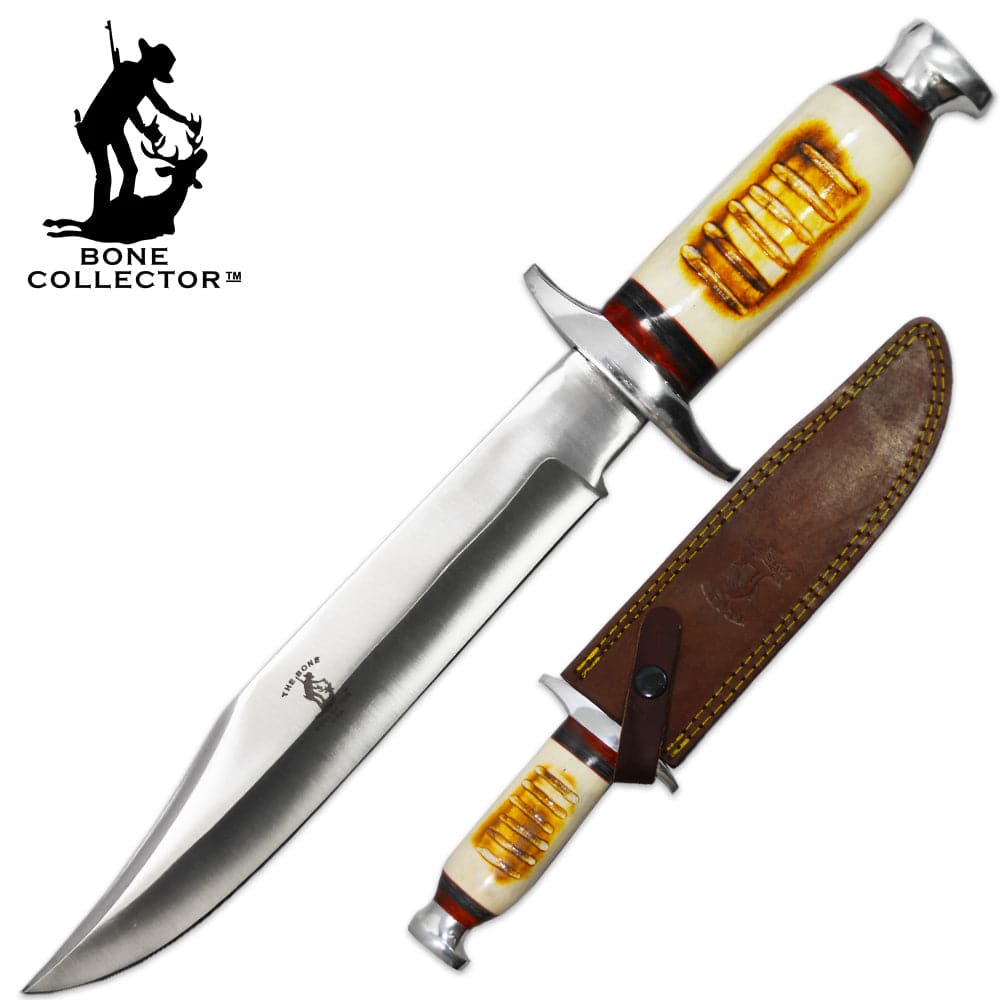BC 886 13.25 inch Bone Collector Bovine Bone Handle Hunting Knife with Leather Sheath