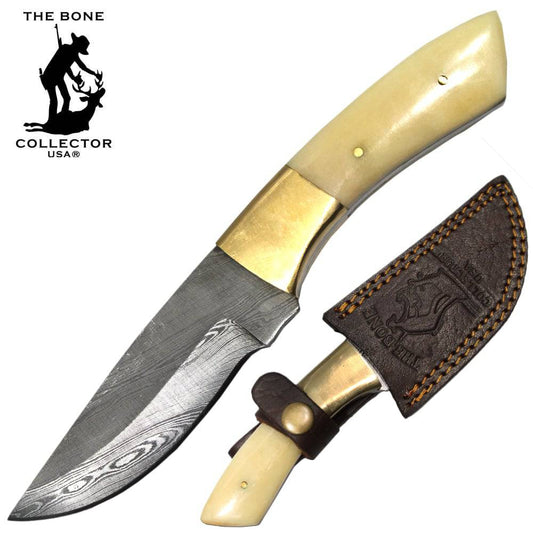 BC HKDB-22 Cuchillo de caza con mango de hueso de vaca y ganado, hoja de Damasco de 8 ", con funda de cuero