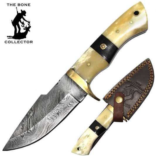 BC HKDB-23 Cuchillo de caza con mango de cuerno de hueso de vaca y ganado, hoja de Damasco de 9 ", con funda de cuero