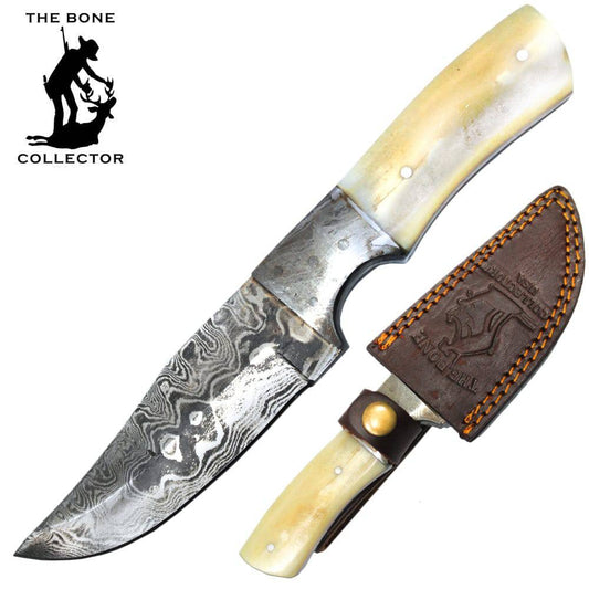 BC HKDB-28 Cuchillo de caza con mango de hueso de vaca y ganado, hoja de Damasco de 8 ", con funda de cuero