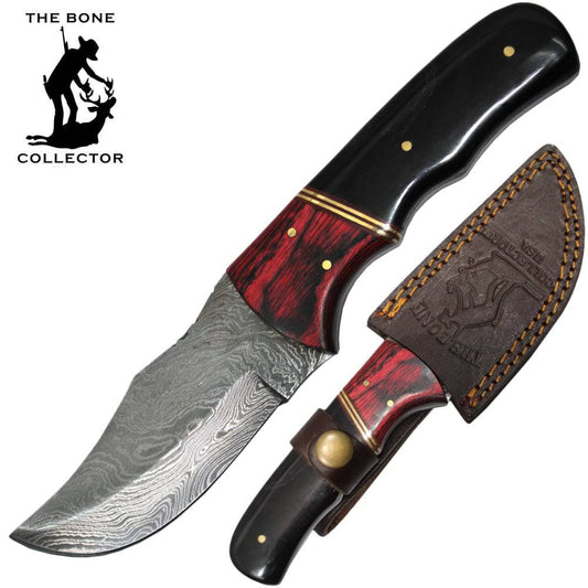 BC HKDB-31 Cuchillo de caza con mango de madera y cuerno de hueso de vaca de ganado, hoja de Damasco de 8 ", con funda de cuero