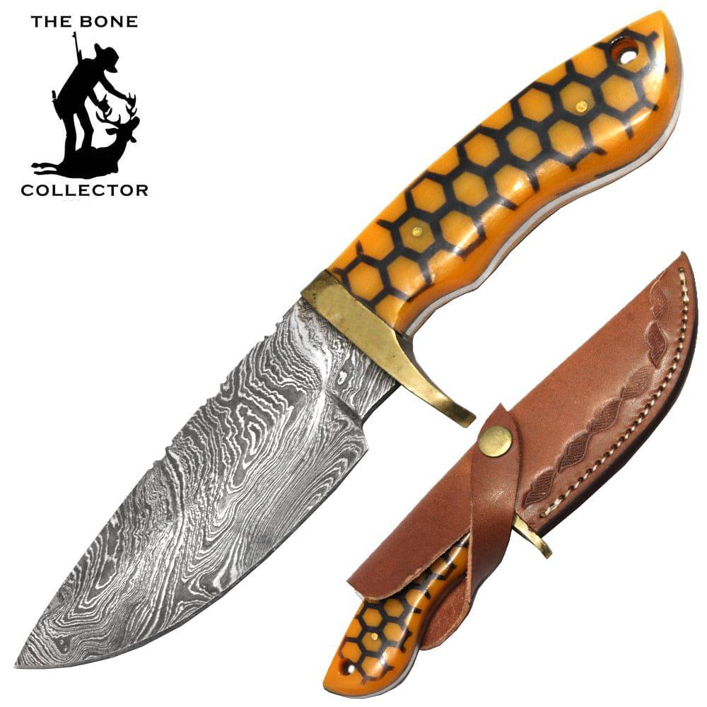 BC HKDB-56 Cuchillo de caza con hoja de Damasco y mango de panal amarillo de 9 "con funda de cuero