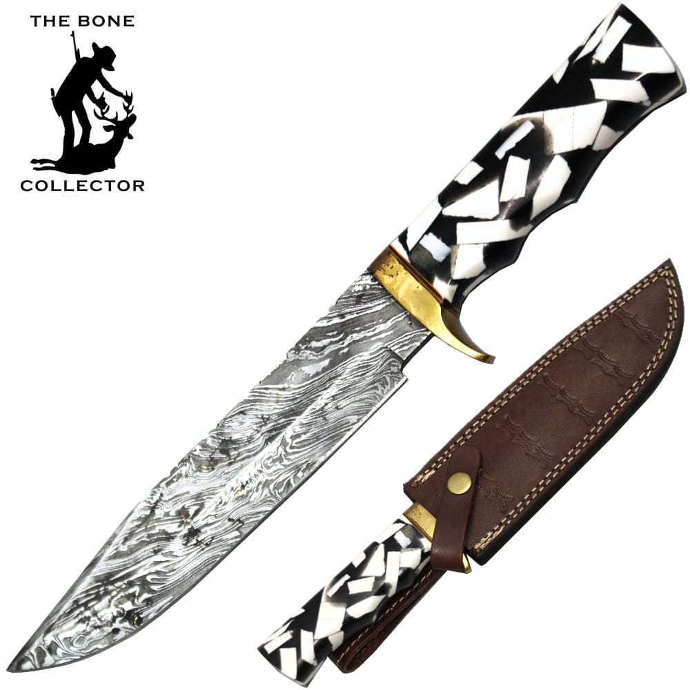 BC HKDB-57 Cuchillo de caza con hoja de Damasco y mango blanco y negro para coleccionista de huesos de 13 "con funda de cuero