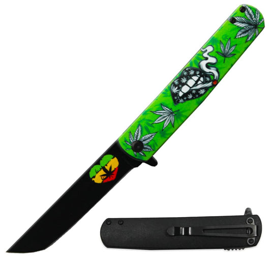 BF 1261-F3 Navaja de bolsillo con mango de metal de cannabis con hoja Tanto y apertura asistida de 4,5"