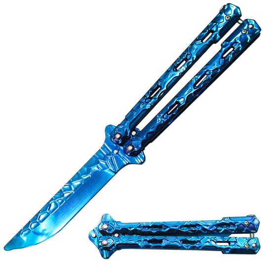 BF 1698-BL 5" Blue Textured Metal Handle Dull Blade Butterfly Trainer