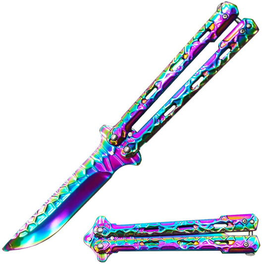 BF 1698-RB 5" Rainbow Textured Metal Handle Dull Blade Butterfly Trainer