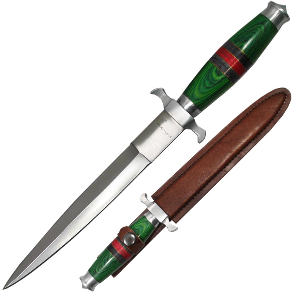 13-Inch Stainless Steel Double-Edge Knife with Green Wood Handle & Leather Sheath