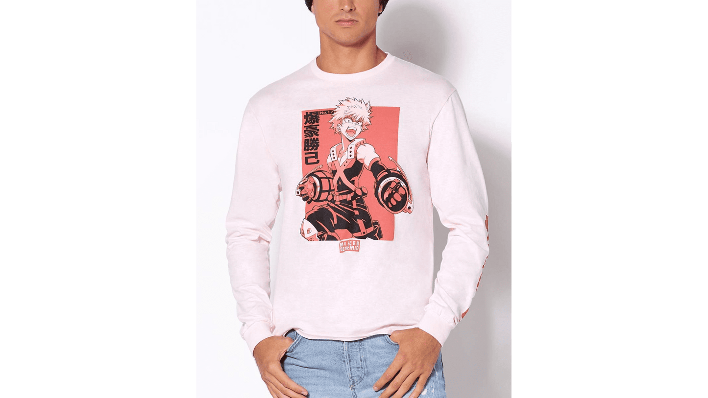 Men's Kacchan Long Sleeve My Hero Academia Pink T Shirt Tee