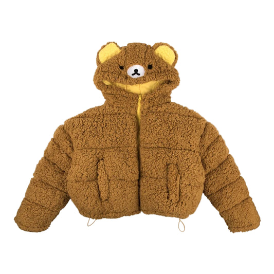 Brown teddy bear-shaped jacket on a white background