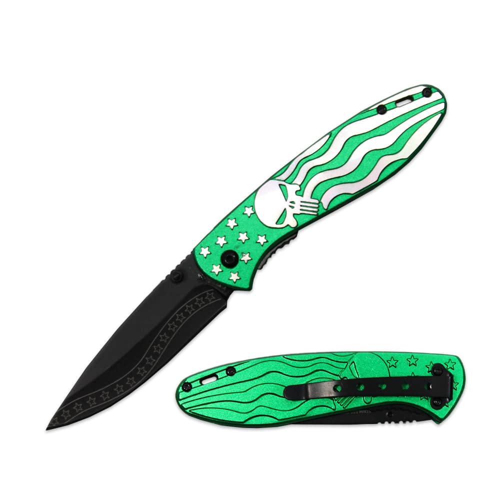 KN 1811-GN 4.25 inch Green Skull Outdoor Camping Tool Multifunctional Fruit Folding Knife with Belt Clip
