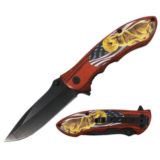 KN 1911-USW 4.5" USA Flag Wildlife Wolf Assist-Open Folding Knife with Belt Clip