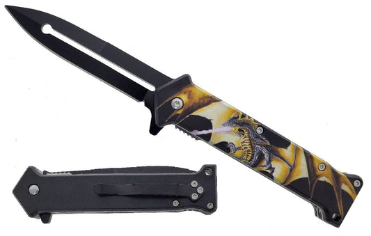 Cuchillo de apertura asistida de 4,5" - Mango con estampado de dragón de fantasía