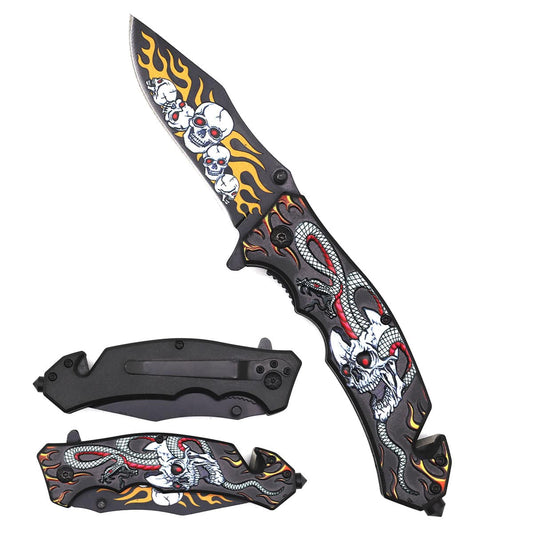 KS 1071-WT 4" White Flaming Skull Snake Handle Assist-Open Rescue Knife with Belt Cutter & Glass Breaker