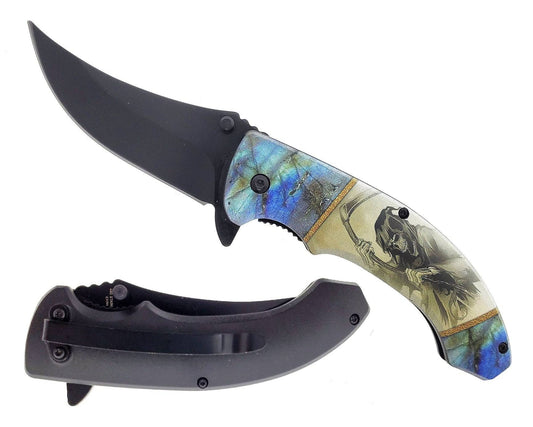 Cuchillo plegable con apertura asistida y hoja con punta de arrastre y mango Grim Reaper de 4,75"