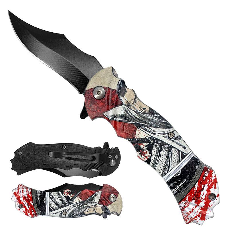 4.75" Samurai Ronin Print Handle Dao Blade Assist-Open Folding Knife with Pocket Clip