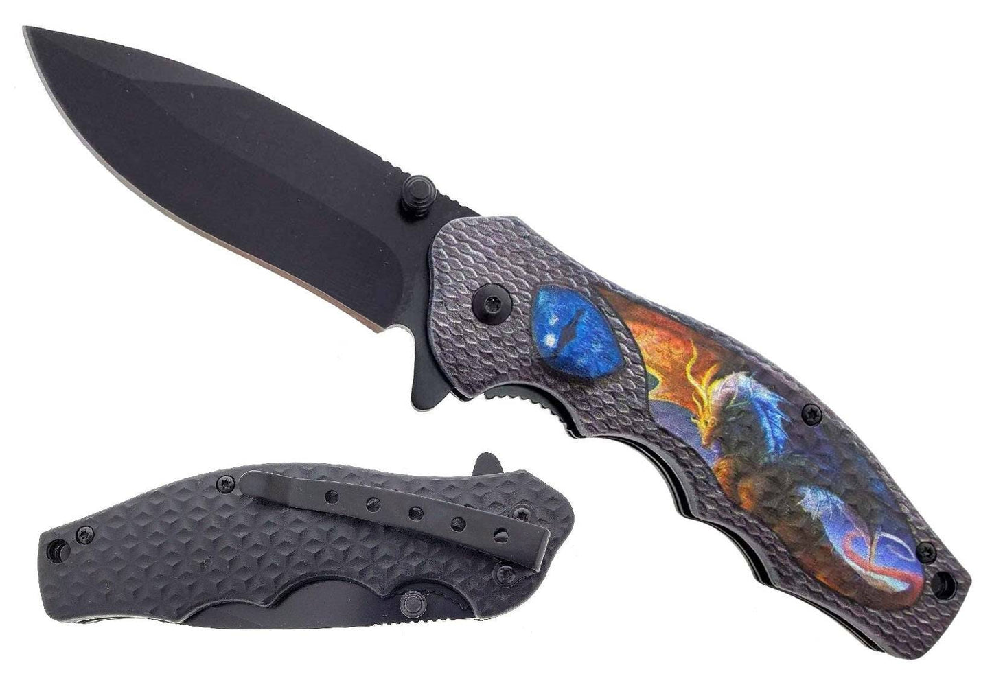 Cuchillo plegable con apertura asistida de dragón de fantasía azul grisáceo 3D de 4,5"