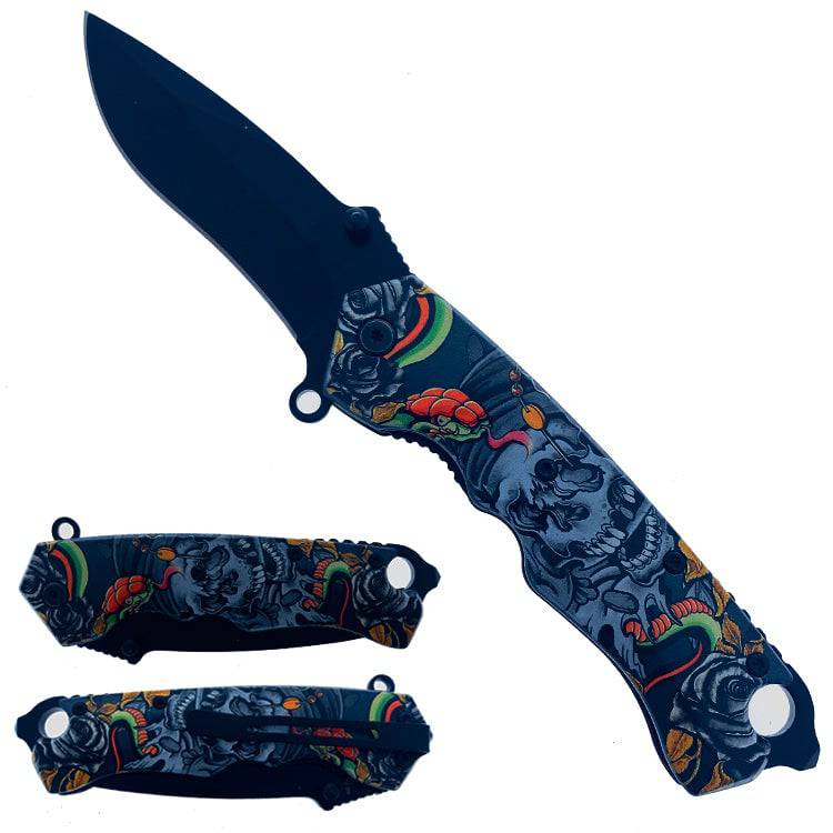 KS 1804-1 Cuchillo plegable táctico con mango de serpiente y calavera de 4,5"