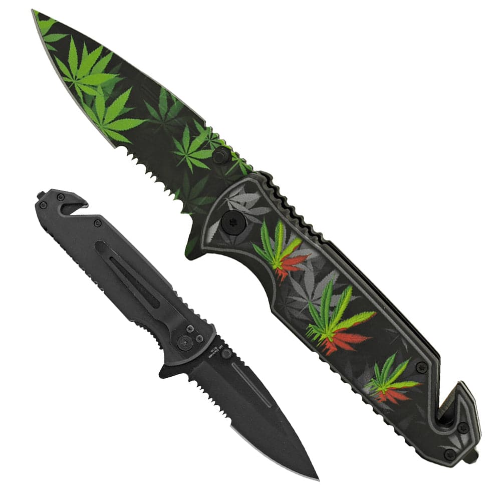 Cuchillo de rescate con hoja semidentada de hojas rasta de marihuana de 4,75 pulgadas, con cortador de cinturón y rompevidrios 