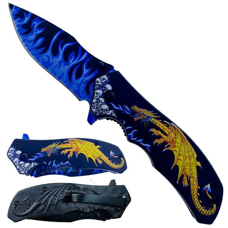 KS 1934-GD 4.5" Gold Dragon Flames 3D Texture Handle Assist-Open Folding Knife