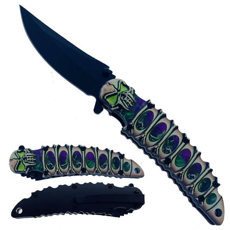 KS 1947-GN 4.5 inch Green Embossed Skeleton Skull Trailing Point Outdoor Camping Tool Multifunctional Fruit