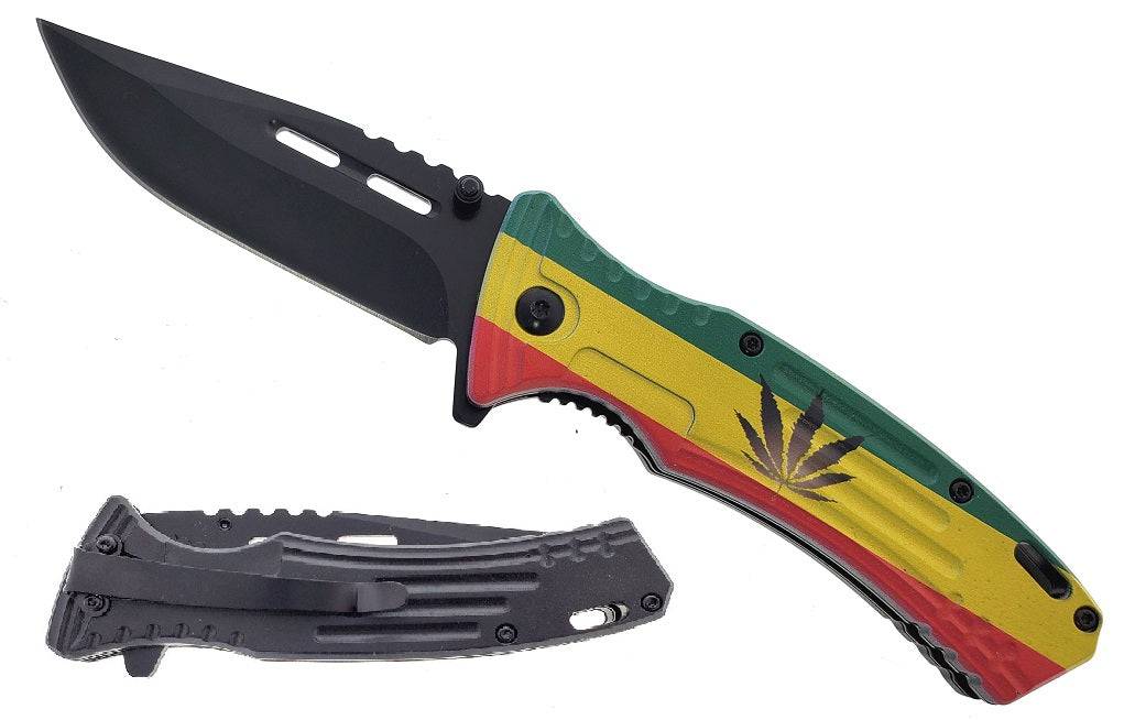 Cuchillo plegable táctico de apertura asistida Rasta de marihuana de 4,5"