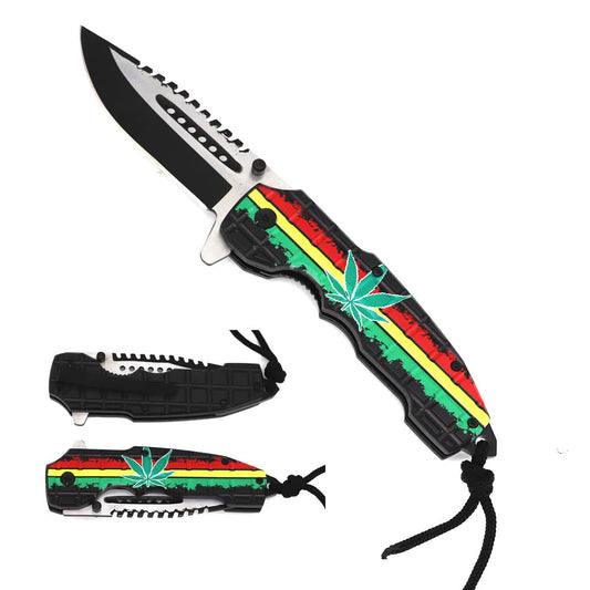 Cuchillo plegable táctico con apertura asistida de hoja de marihuana de 5 "con cuerda de paracaídas