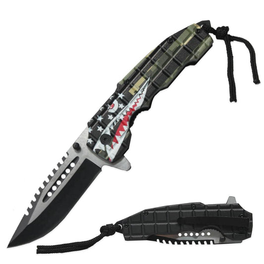 Cuchillo plegable táctico con apertura asistida y camuflaje con dientes de tiburón de 5 "con cuerda de paracaídas