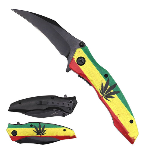 Cuchillo de apertura asistida de 4,5" - Mango con estampado de marihuana Rasta