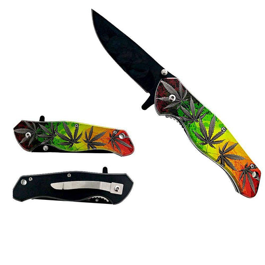 Cuchillo plegable con apertura asistida y mango de hoja de marihuana Rasta de 5"