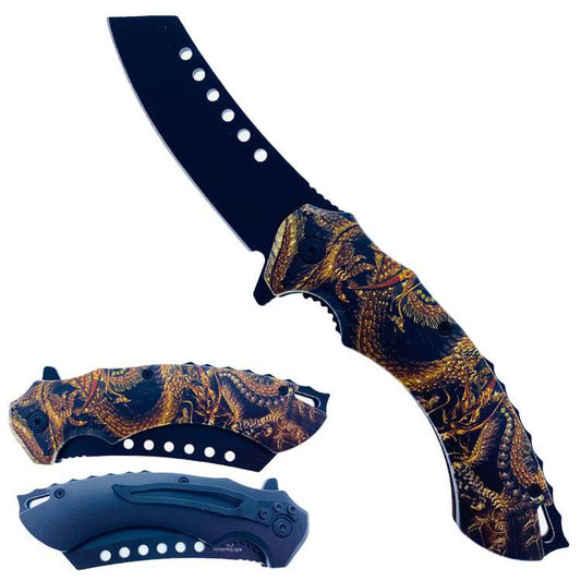 Cuchillo plegable de apertura asistida con hoja de carnicero y estampado de dragón dorado de 4,75" con clip de bolsillo