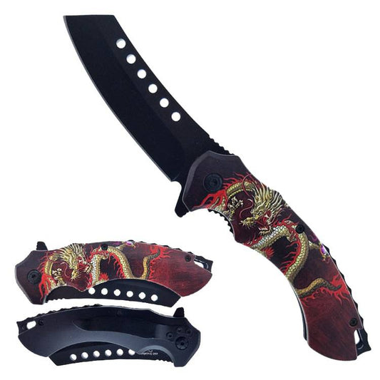 Cuchillo plegable de apertura asistida con hoja de carnicero con estampado de dragón rojo de 4,75" y clip de bolsillo