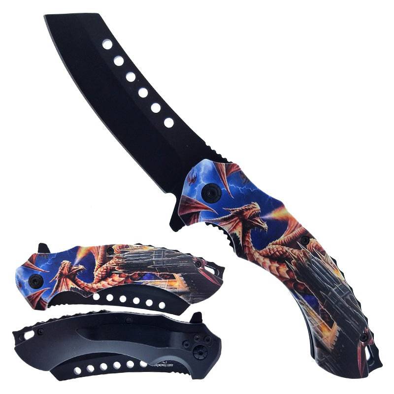 Cuchillo plegable de apertura asistida con hoja de carnicero y estampado de dragón que escupe fuego de 4,75" con clip de bolsillo