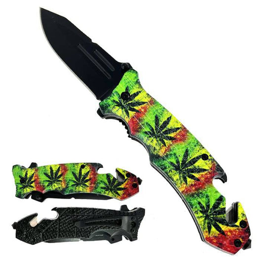 Cuchillo de rescate táctico plegable Rasta de hoja de marihuana de 5"