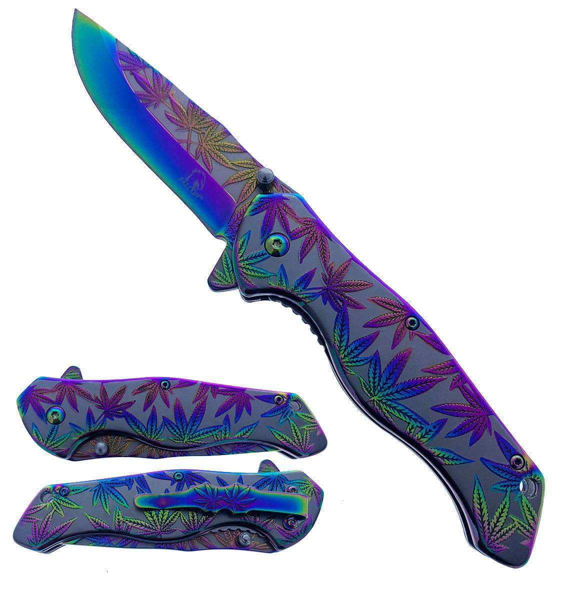 KS 3779-RB 4.75" Titanium Rainbow Marijuana Leaf Outdoor Camping Tool Multifunctional Fruit Pocket Knife