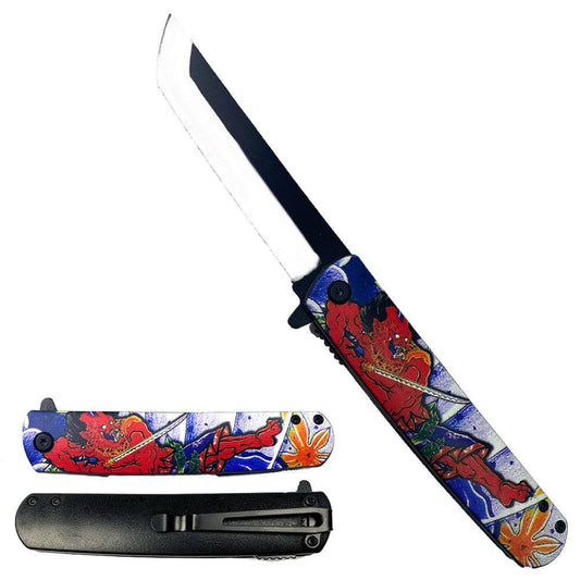 4.75" Spring Assisted Knife with Demon Warrior Japanese 3D Print Design